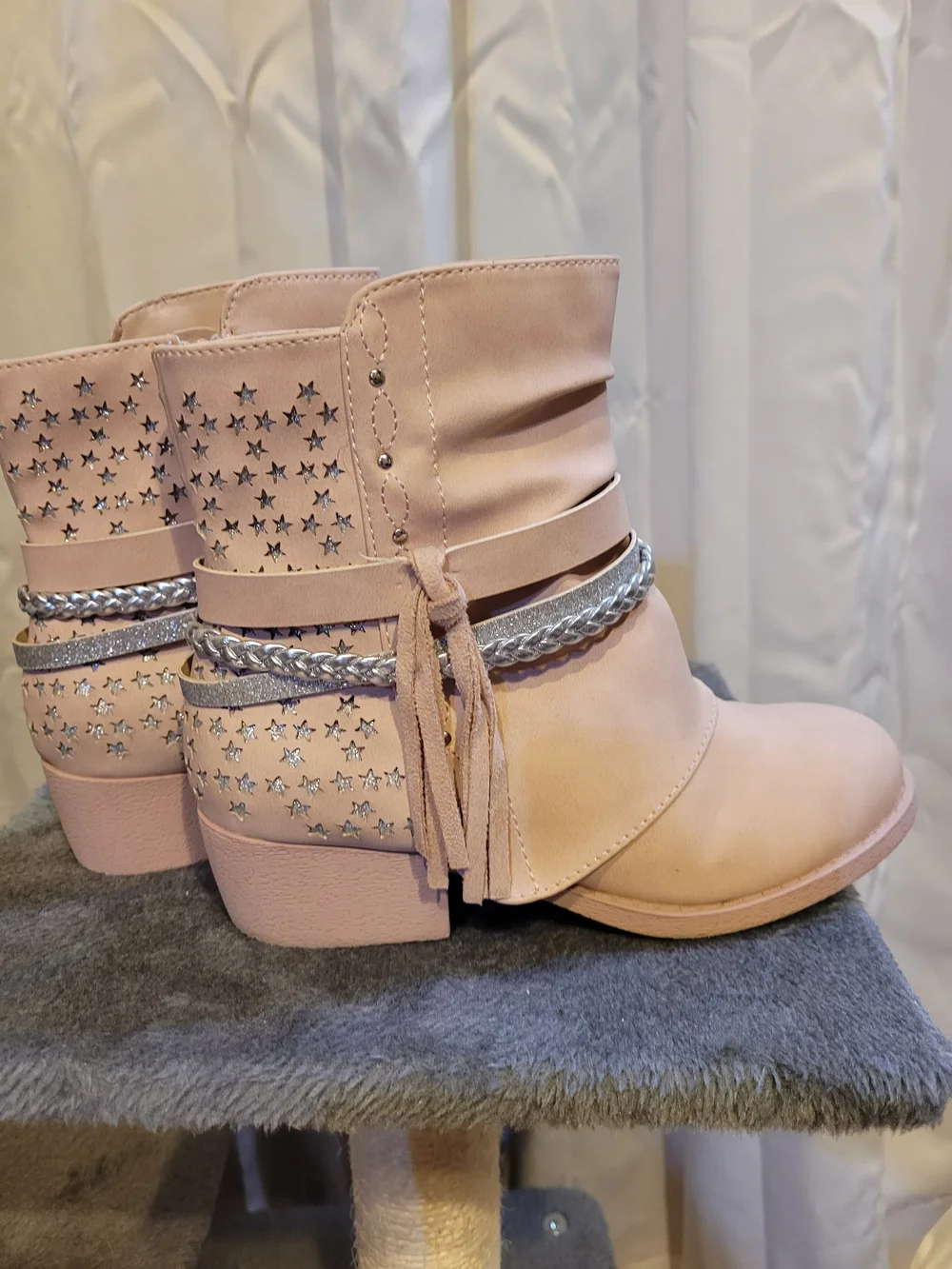 Amazon Pink Girls' Ankle Boots with Silver Braided Strap and Tassel